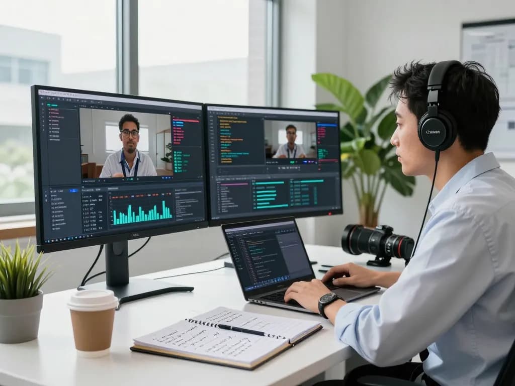 Professional workspace for video to prompt ai analysis with high-tech tools