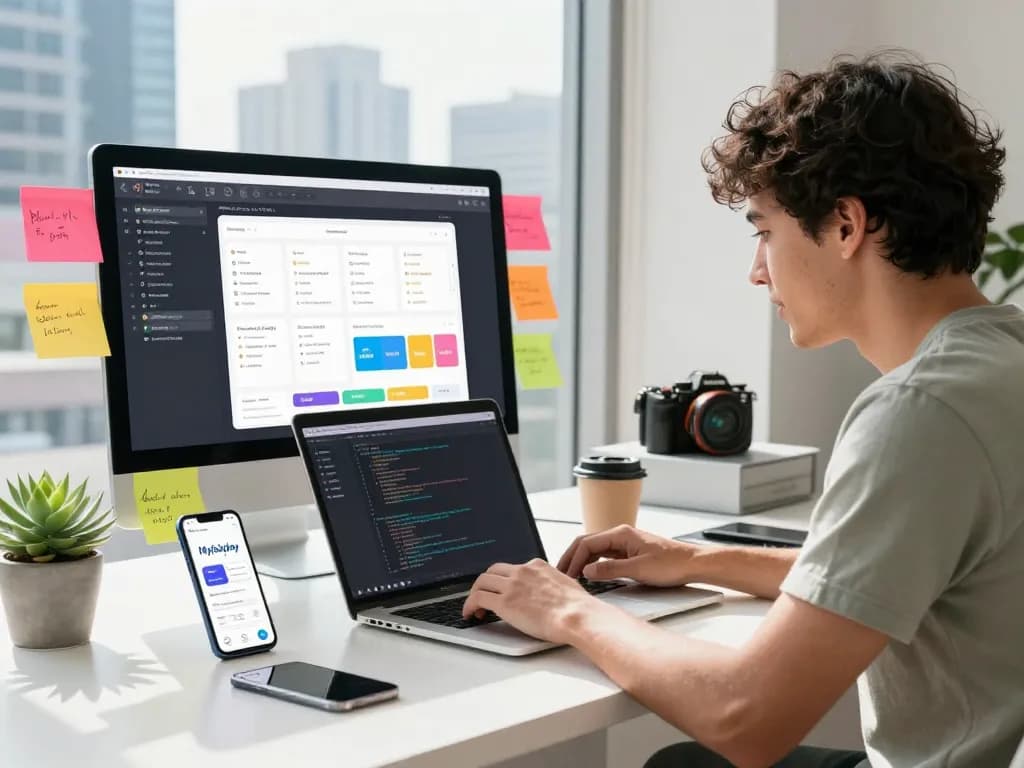 Myfairplay app download showcased in a lively tech workspace, with a developer coding and app interface visible.