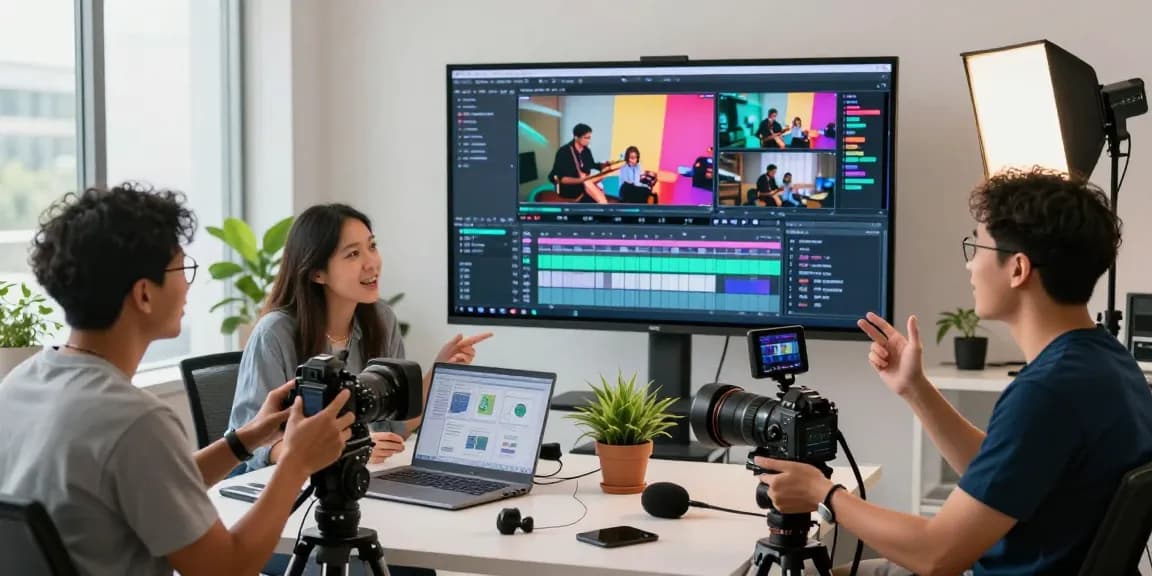 Collaborative team working on Singapore Corporate Video Production in a modern studio.
