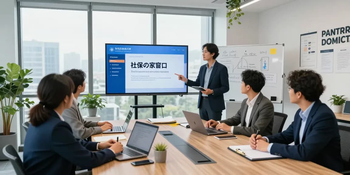 現代的なオフィス会議で社保の窓口サービスについて話し合う専門家たち、コラボレーションと戦略を示しています。