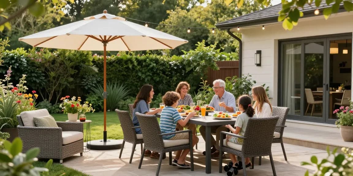Patio furniture clearance sale featuring stylish outdoor dining setup with Camden Club Chairs and vibrant decor.