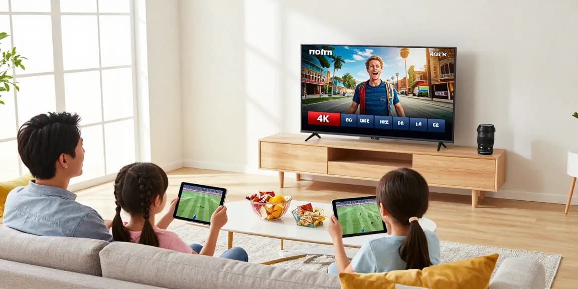Profitez d'un essai gratuit IPTV pour regarder vos émissions favorites en famille dans un salon accueillant.