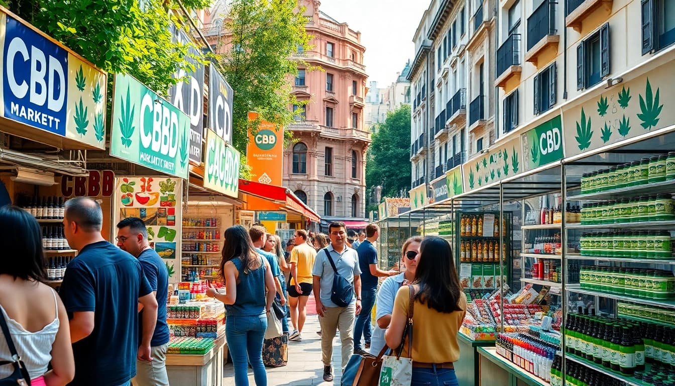 Discover CBD Madrid market with vibrant stalls and engaged customers shopping for products.