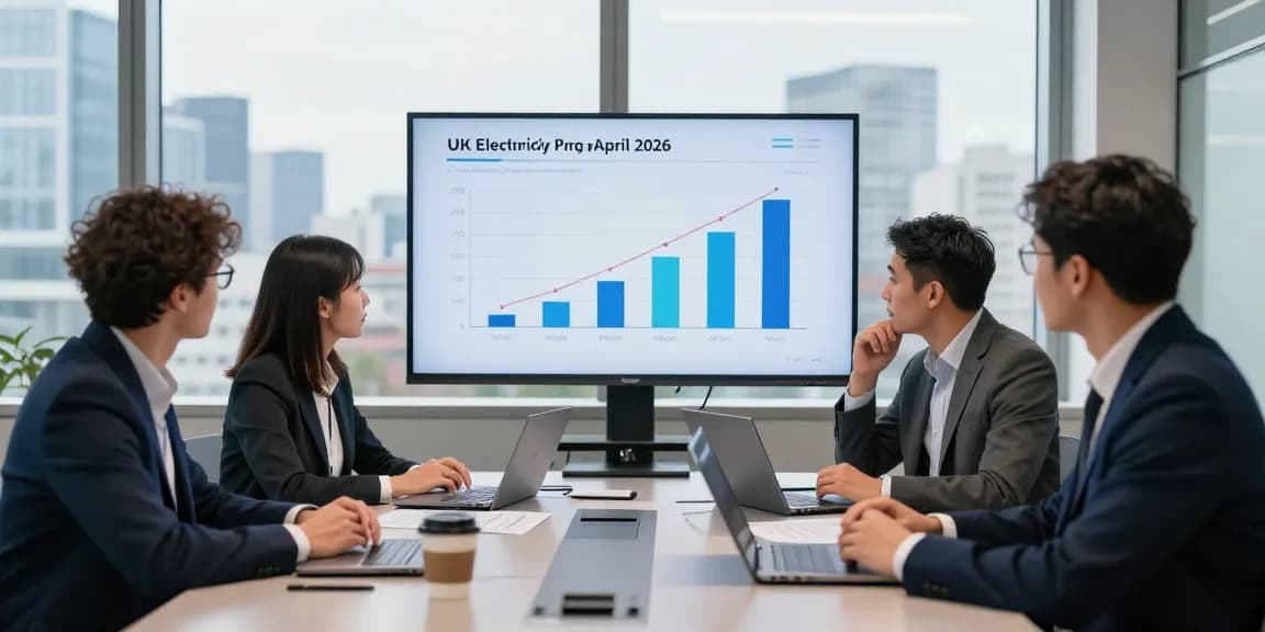 UK electricity price per kWh April 2026 business meeting, showcasing professionals analyzing energy costs.