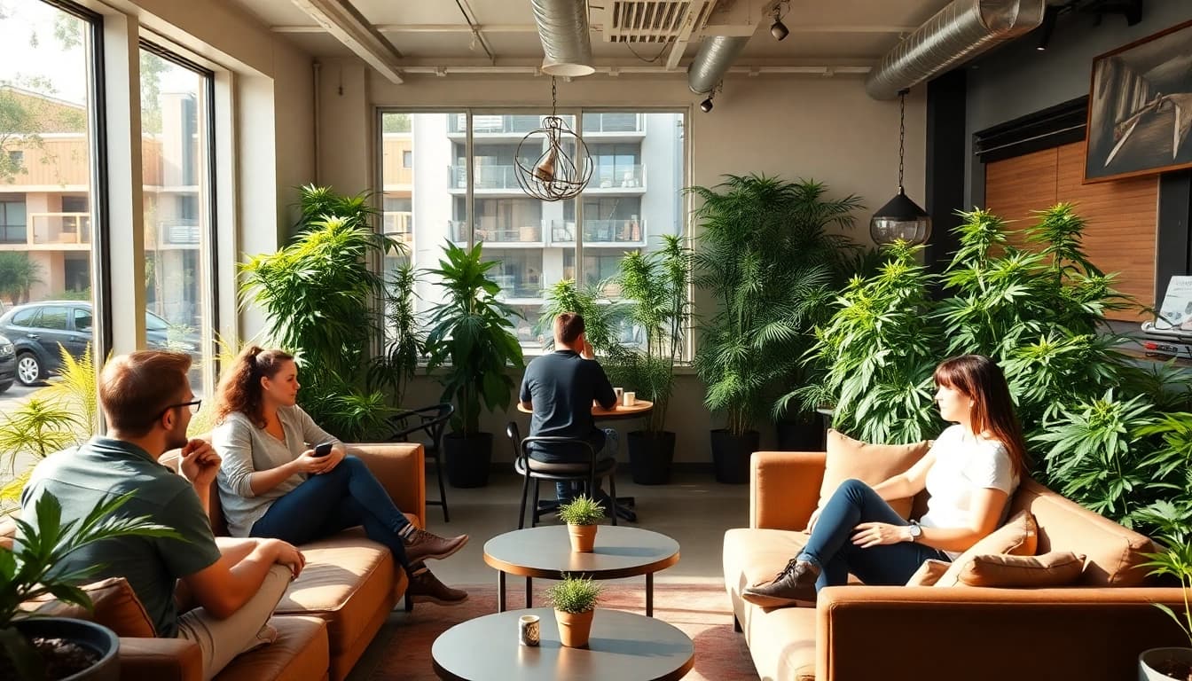Cannabis Social Club Lloret de Mar community lounge with members enjoying and vibrant plants.