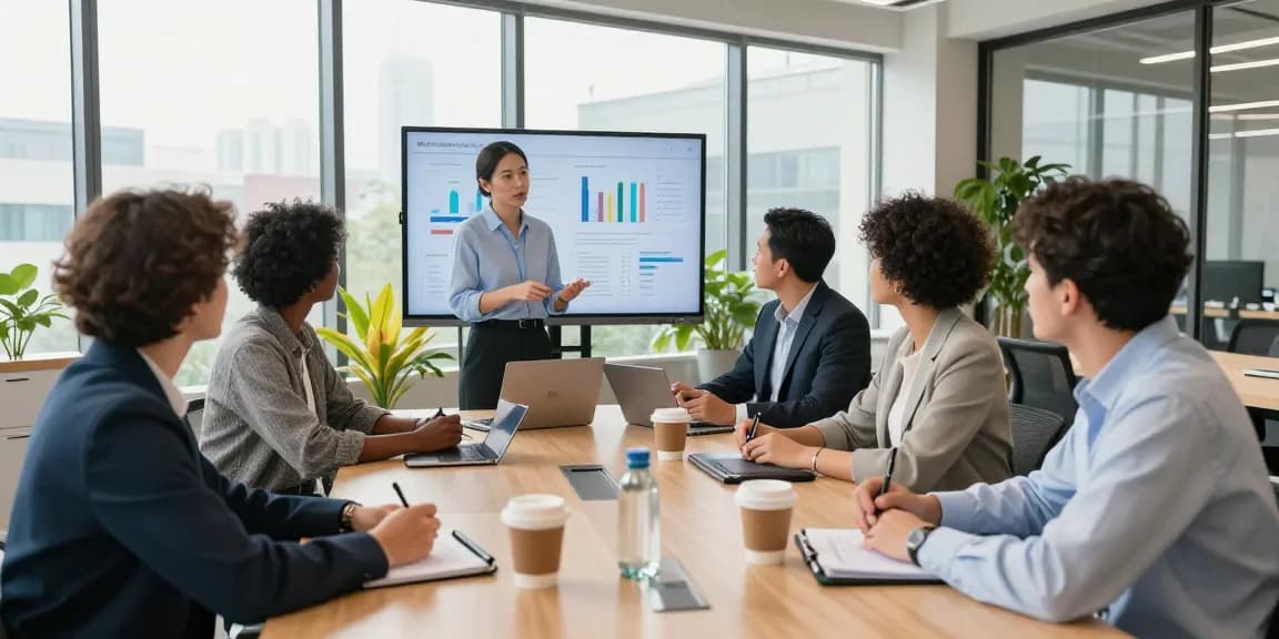 Dynamic professionals from various companies collaborating in a modern workspace.
