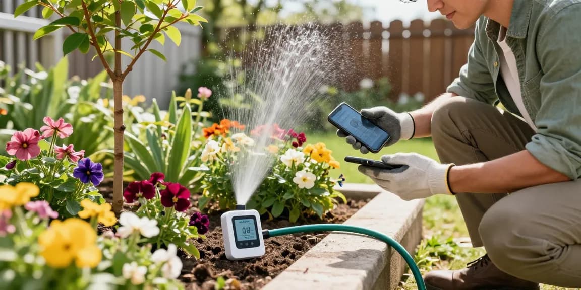 Homeowner using a wifi sprinkler controller to care for plants in a vibrant garden full of flowers and trees.