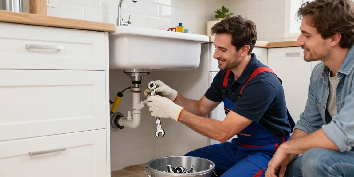 Northampton emergency plumber repairing a leaky pipe in a modern kitchen, showcasing professional support during plumbing issues.