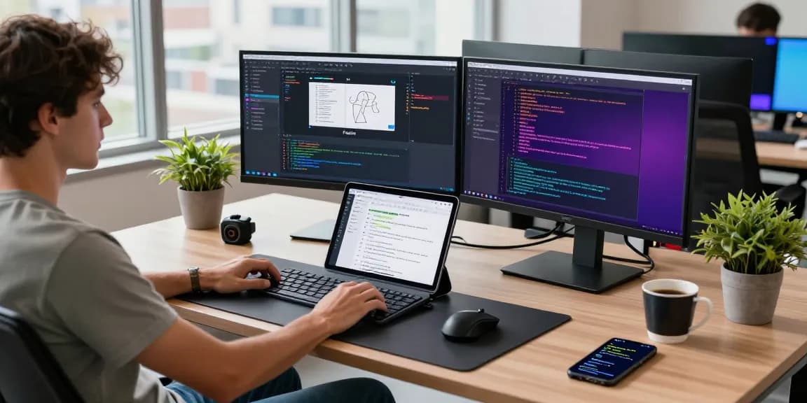 A dynamic tech workspace illustrating openclaw skills, featuring a developer coding on multiple monitors with design interfaces, tech gadgets, and a modern office backdrop.