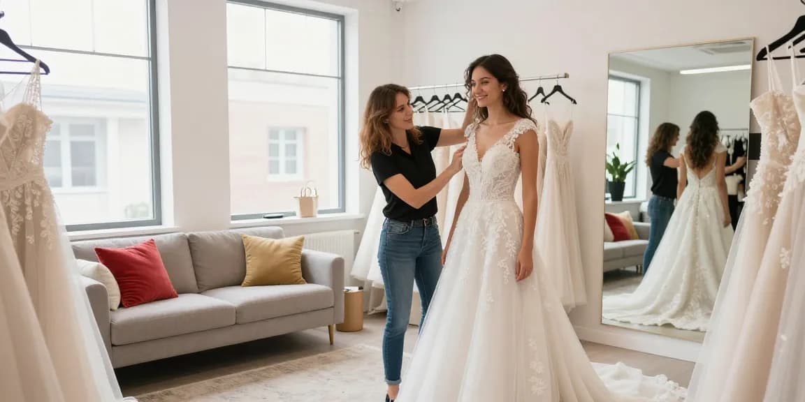 Consulenza di bridal styling per una sposa con abiti eleganti in studio luminoso.