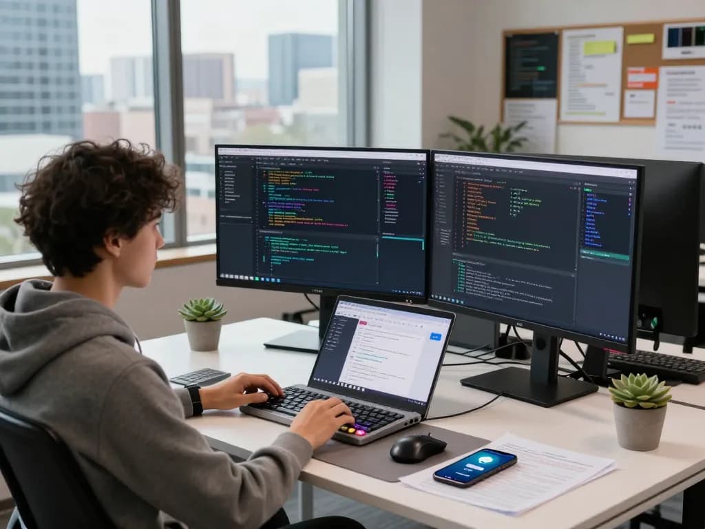 Software developer optimizing moltbot in modern tech workspace, showcasing dual monitors and vibrant city view.