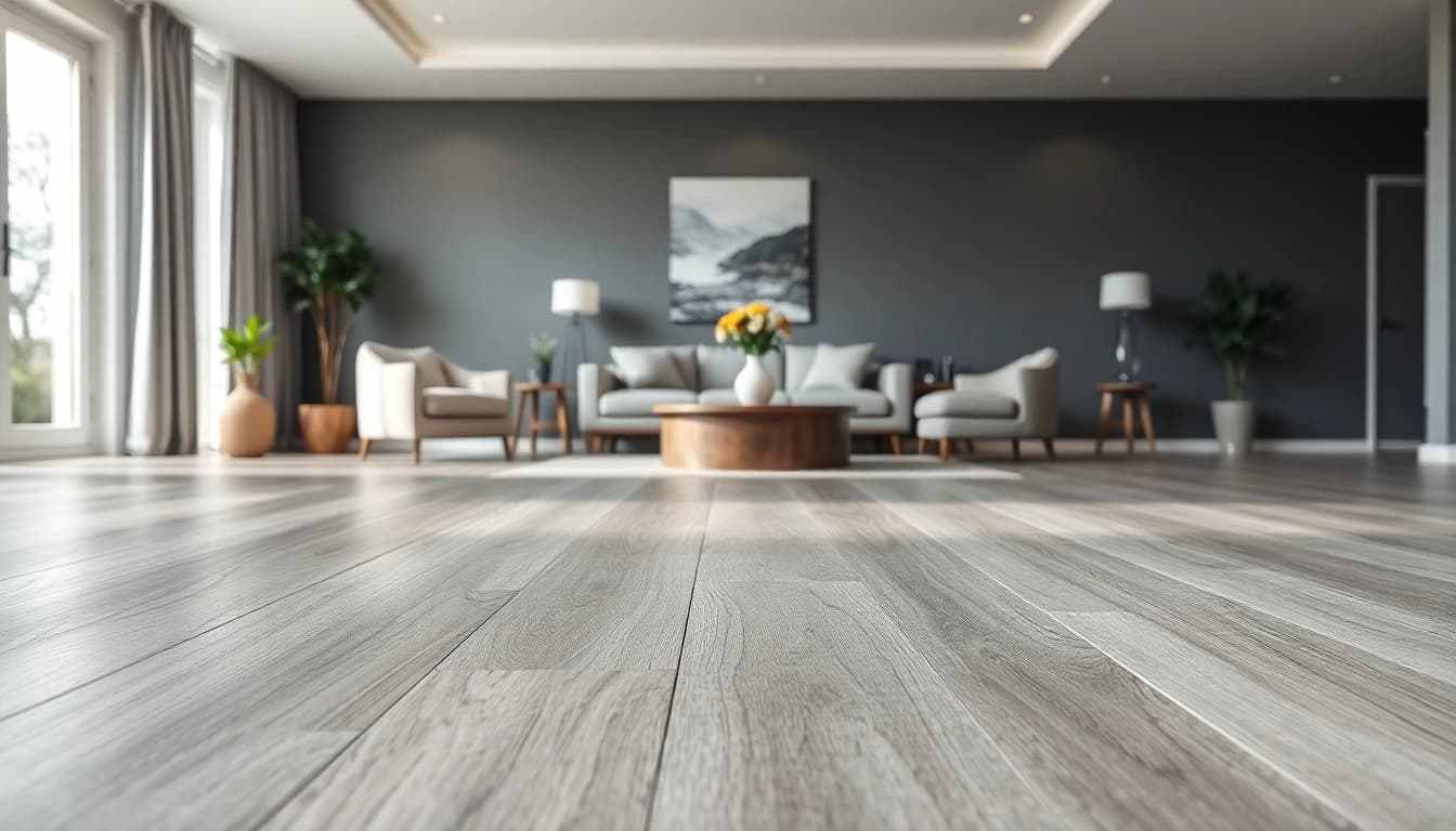Enhance your space with elegant lvp floors showcasing a smooth grey texture.