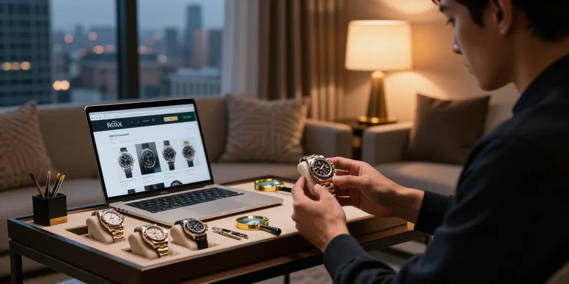 Showcasing rolex super clone watches in an elegant living room with luxurious decor and warm ambient lighting.