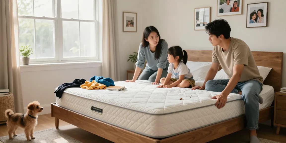 Engaged family inspecting bed for bed bug exterminators in their cozy home.