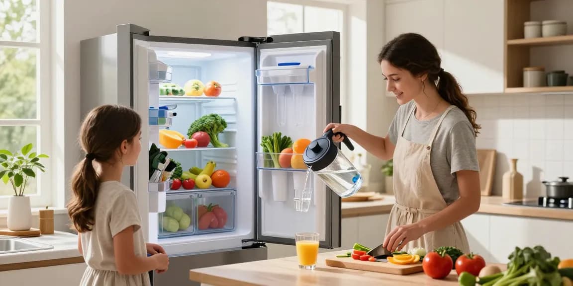 Waterdrop Plus ADQ73613401 NSF 401&53&42 Certified Refrigerator Water Filter providing pristine water while family prepares healthy meal in bright kitchen.