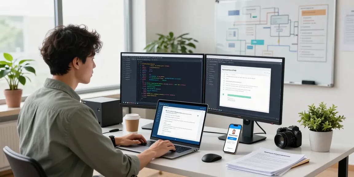 Integration of an age verification system in a tech office showing a software engineer at work.