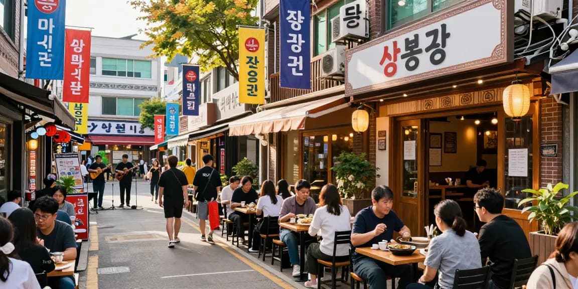 Dynamic street scene at 상봉동 한국관, showcasing lively dining atmosphere and community interaction.