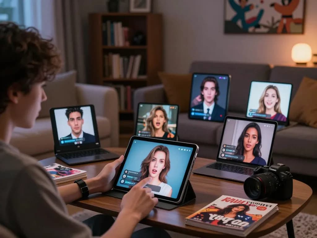 Engaging scene of a user exploring AI chat porn interactions with character avatars in a cozy setting.