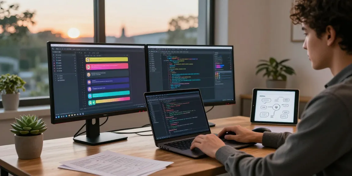 The workspace of a developer coding a messaging app, showcasing features of 纸飞机中文版 in a cozy home office.