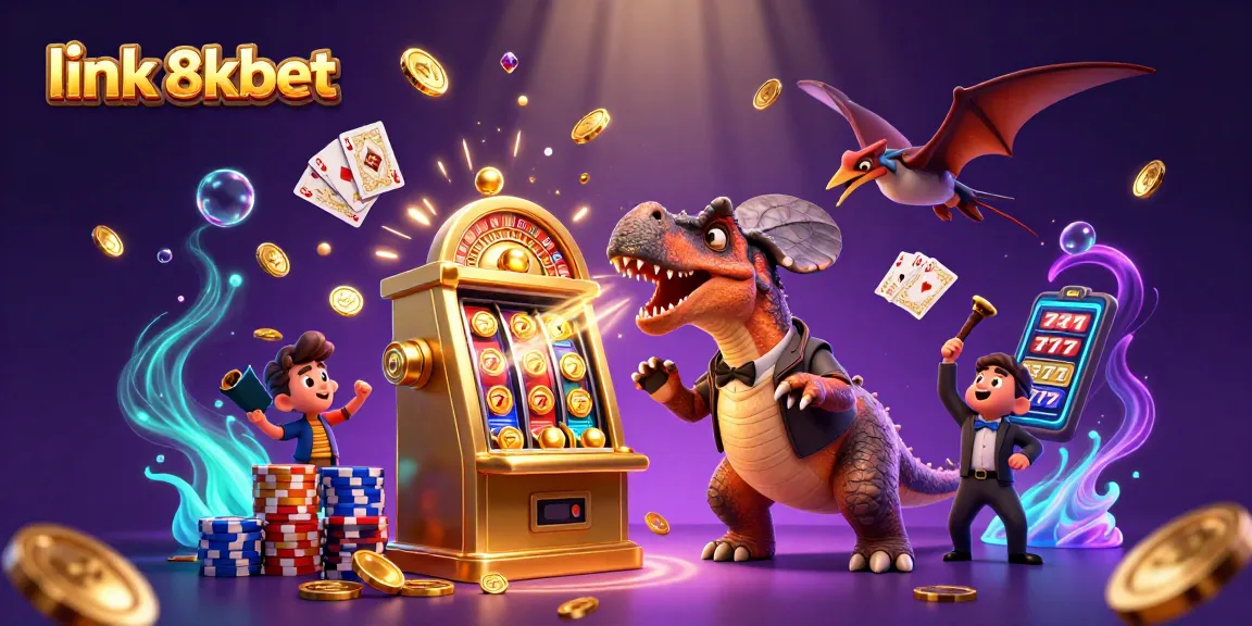 Experience thrills with link 8xbet as a dinosaur collides with a jackpot slot machine, scattering coins!