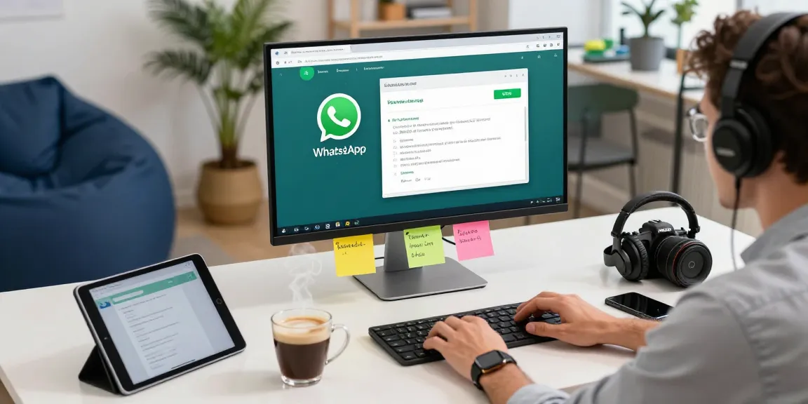 Using WhatsApp網頁版 on a high-resolution monitor in a modern workspace.