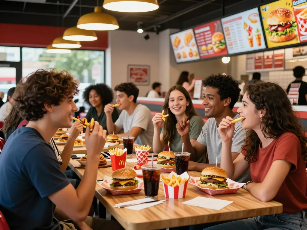Fast food menu shared among friends in a lively restaurant setting.