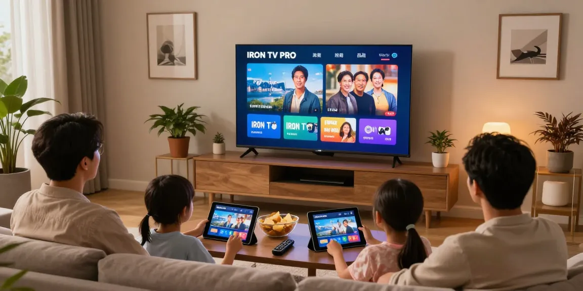 Family enjoying Iron tv pro on smart TV in a cozy living room, surrounded by snacks and tablets.