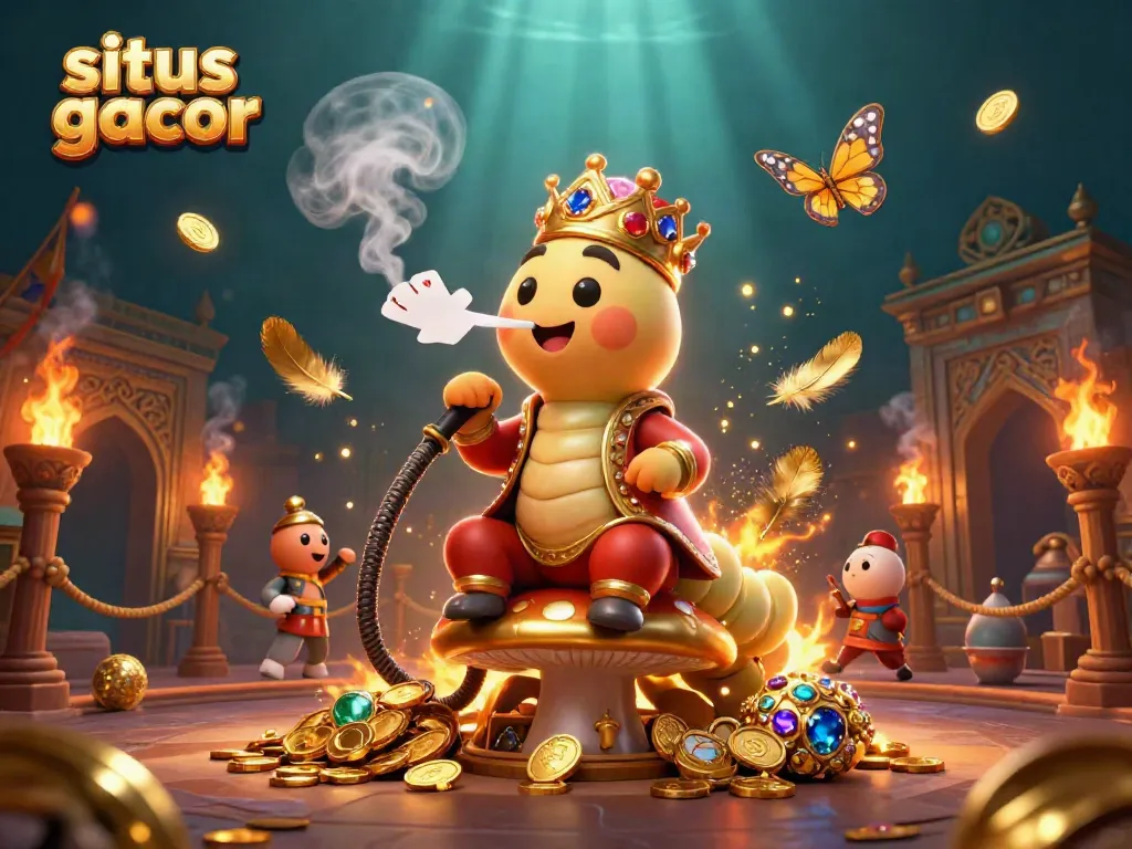 Engage with the vibrant "situs gacor" casino world, showcasing a whimsical caterpillar master amidst a rich gambling scene with dynamic energies.
