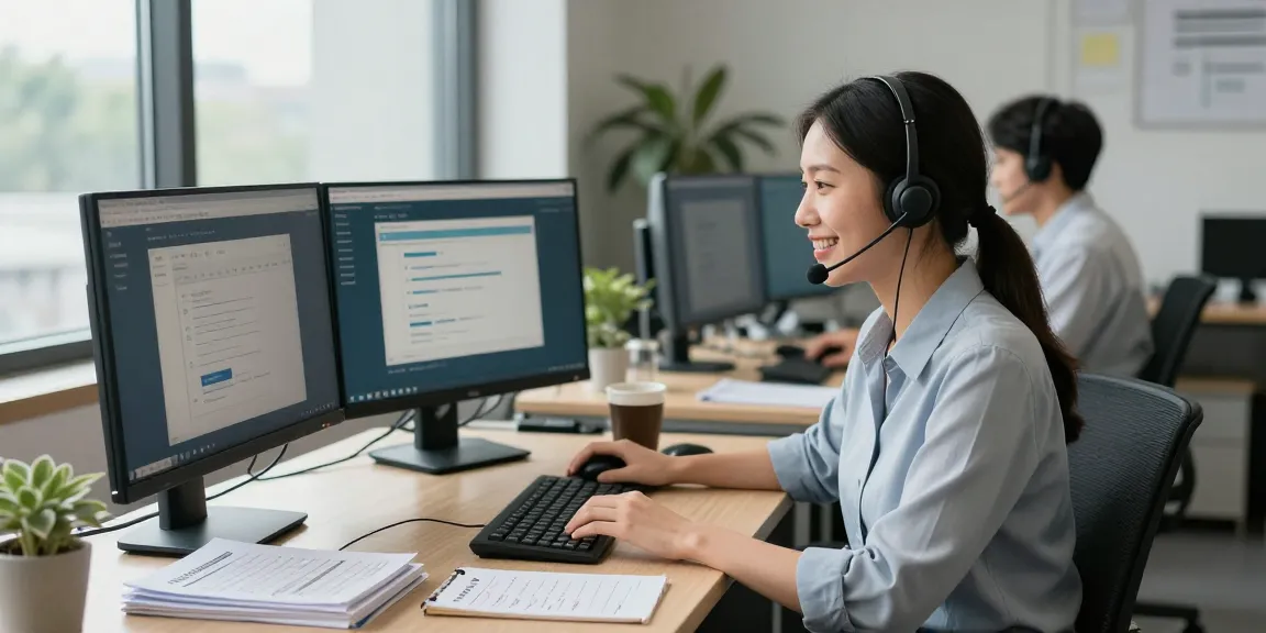 Customer service representative providing Telus-Technical-Support in a modern office setting