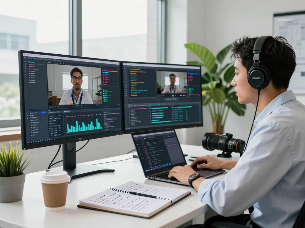 Professional workspace for video to prompt ai analysis with high-tech tools