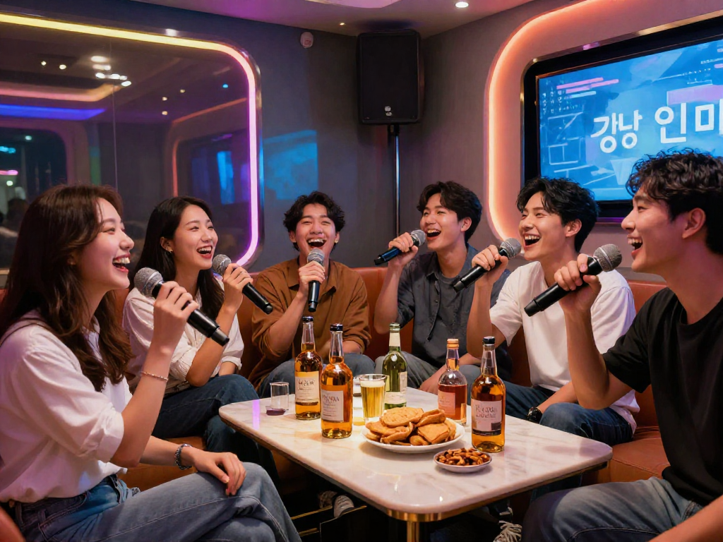 강남 유앤미에서 친구들과 함께 즐기는 프라이빗 가라오케 장면, 아늑하고 생동감 넘치는 분위기