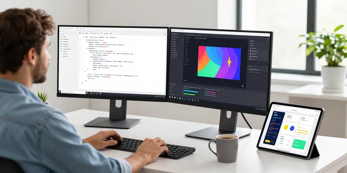 Developer showcasing advanced Android animations and MotionLayout in a modern workspace with dual monitors and design tools.