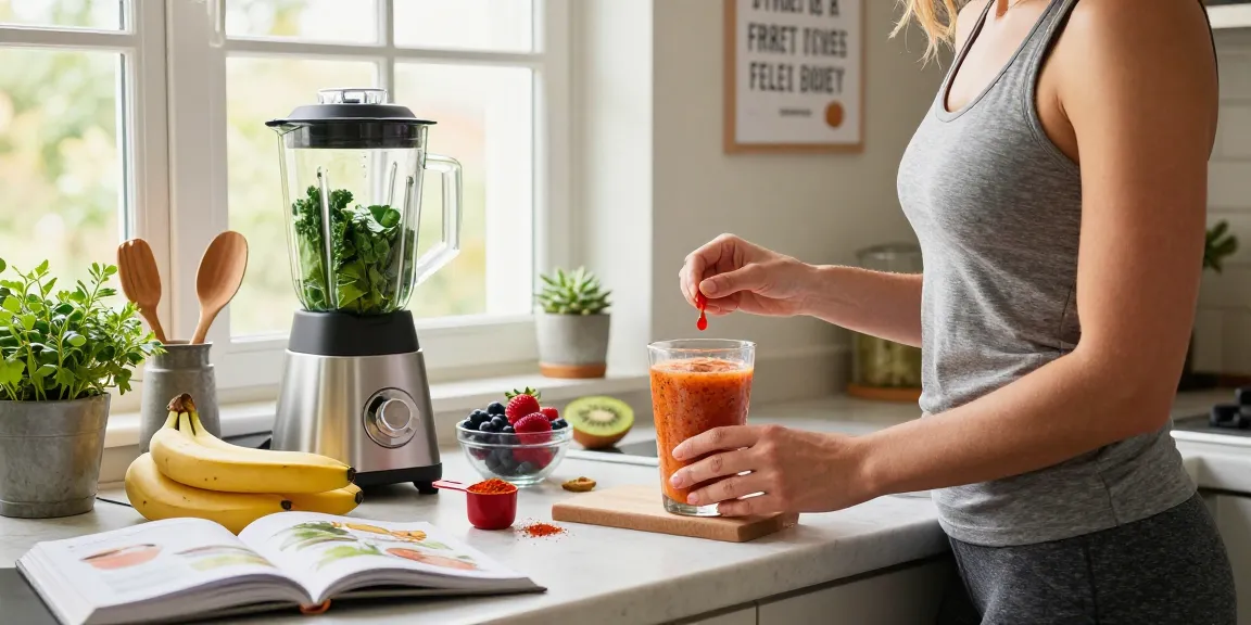 Preparing a smoothie with astaxanthin supplement Canada in a bright kitchen, fresh fruits, and vibrant atmosphere