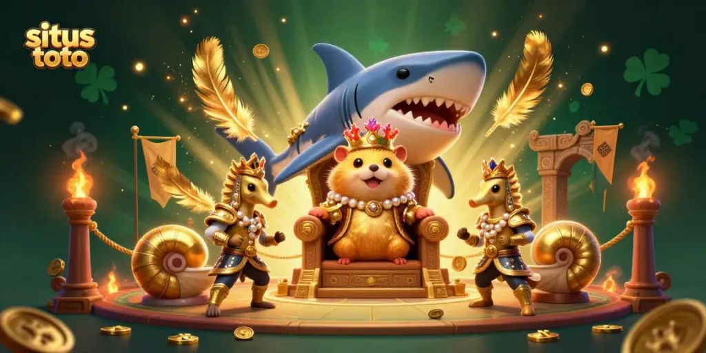 Visualisasi pertarungan di situs toto dengan raja hamster ungu dan penjaga kuda laut dalam arena mewah.