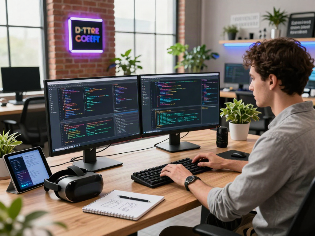 A developer engaging in coding activity at a tech workspace, featuring elements that represent bro138 and modern coding practices.