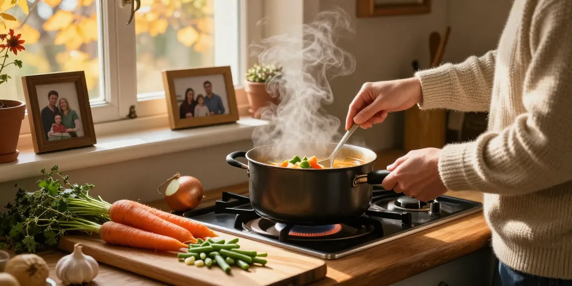 Leckere vegetarische Suppe, die auf dem Herd mit buntem frischem Gemüse und Kräutern in einer gemütlichen Kücheneinstellung köchelt.