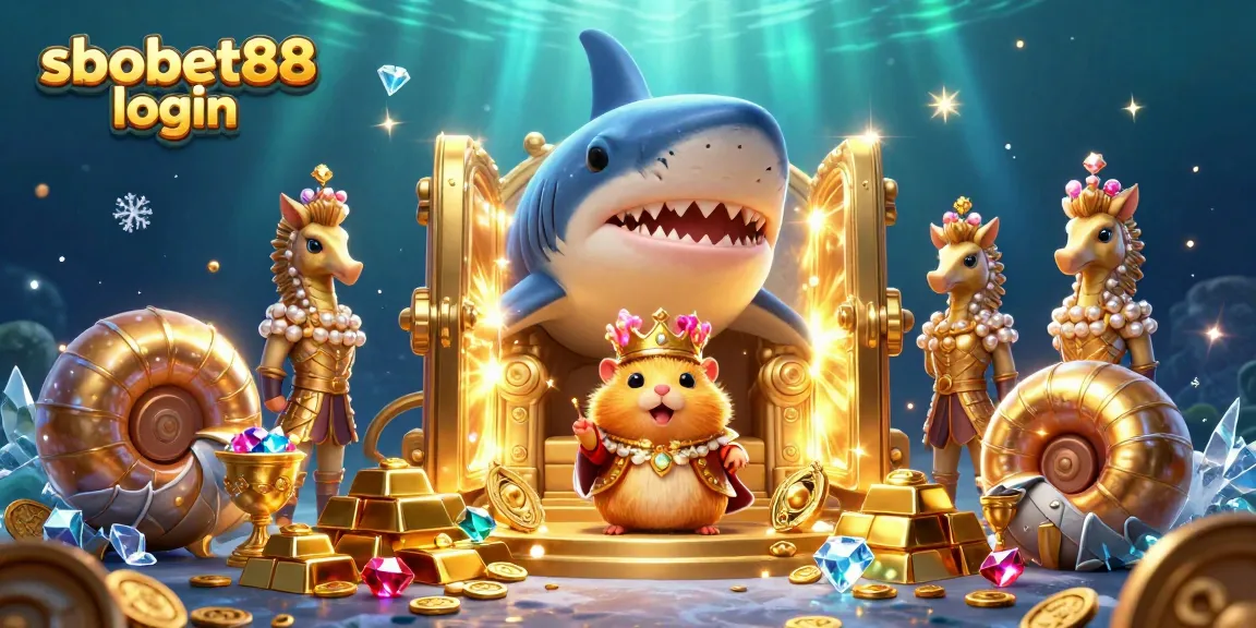 Experience sbobet88 login with a fierce golden hamster king among treasures in an engaging casino-themed illustration.