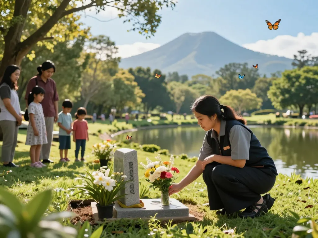 Emotional scene at jasa pemakaman hewan jogja, caretaker honoring a pet grave with flowers.