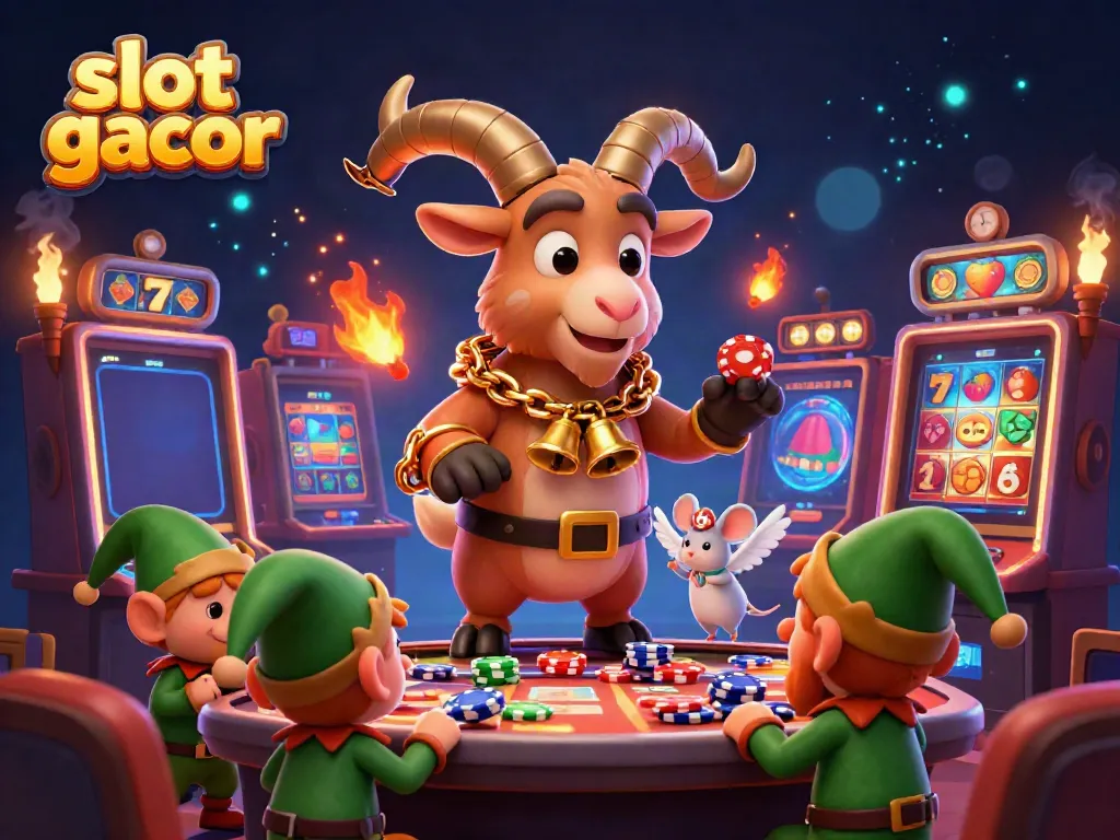 Engaging scene of a Krampus goat overseeing a slot gacor casino, with playful elf gremlins and vibrant game elements.