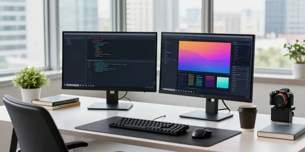 Efficient instant indexing workspace showing developer coding with dual monitors in modern office.