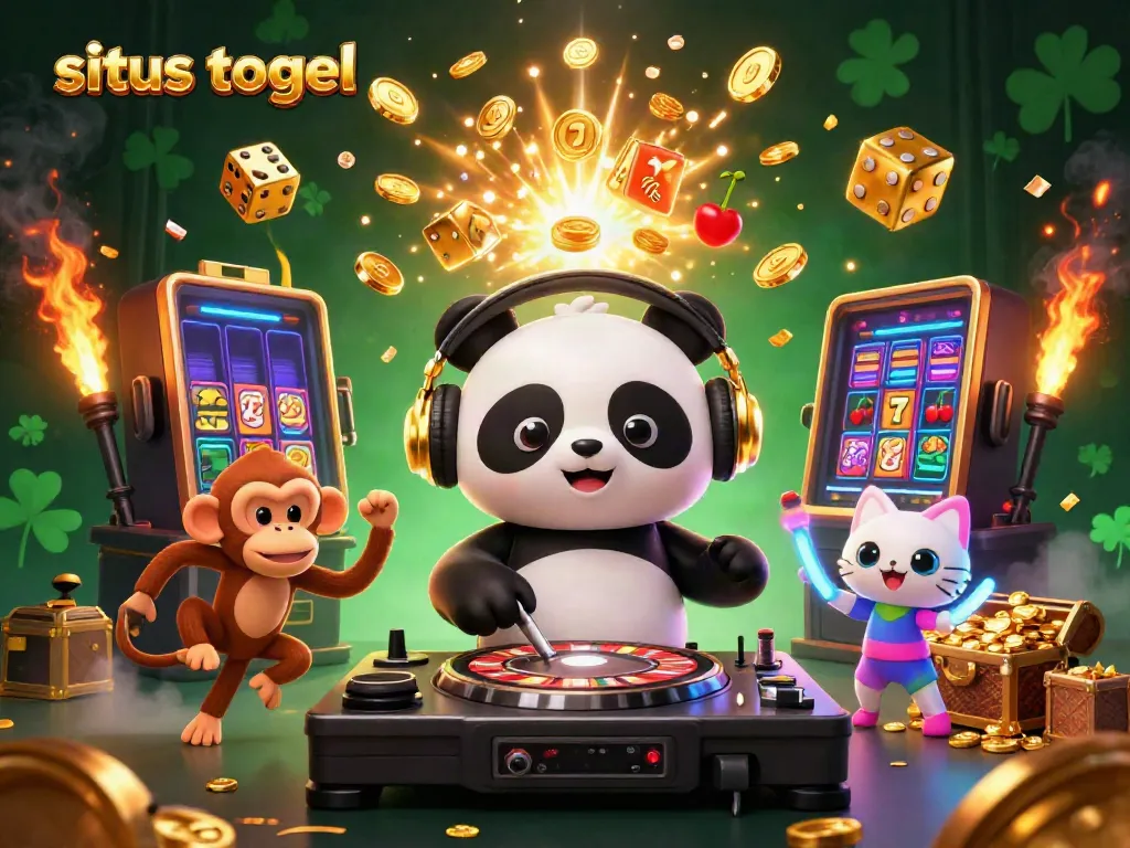Experience an exciting scene of situs togel entertainment with a DJ panda, breakdancing monkey, and glowing kitten amidst slot machines and jackpots.