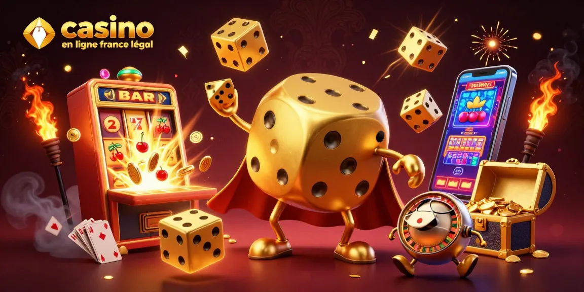 Illustration dynamique représentant le casino en ligne France légal avec des dés en or, machines à sous et symboles de jackpot.