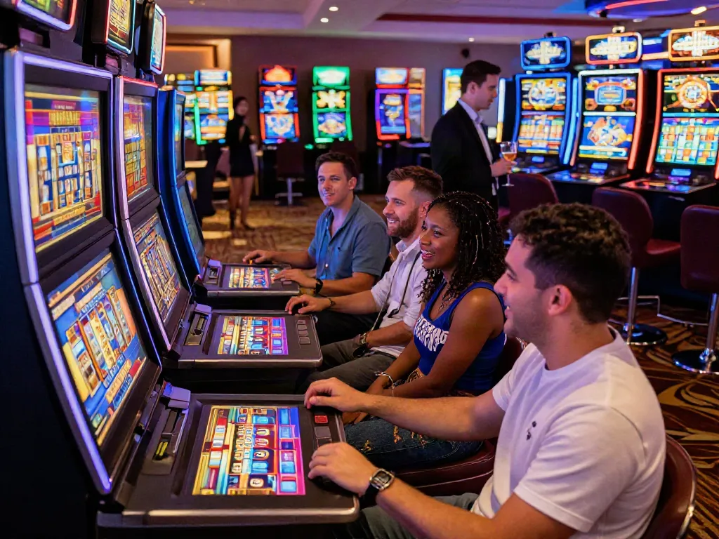 People enjoying various slot games in a lively casino environment, vibrant machines and engaging atmosphere.