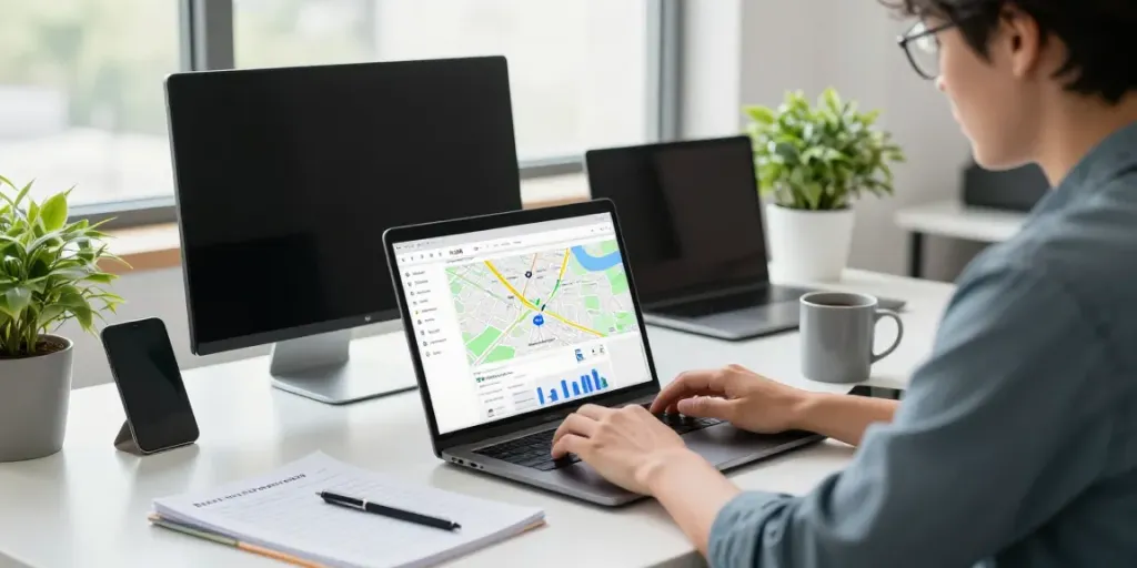Google Maps scraping tool by Outscraper used in a professional workspace for data extraction.