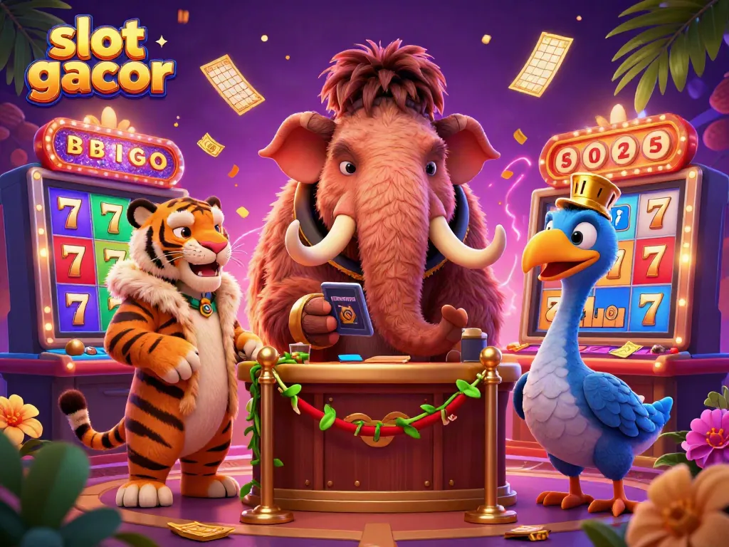 Experience the excitement of slot gacor as a woolly mammoth checks IDs at a vibrant casino entrance.