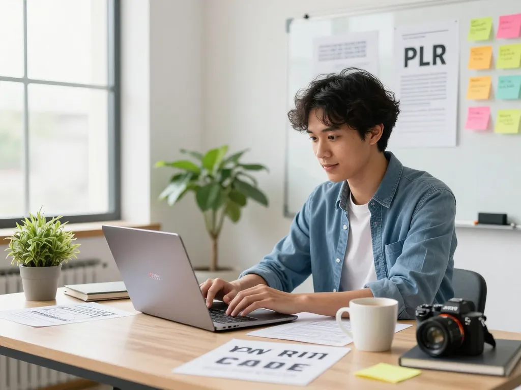 Purchase PLR Content in a vibrant business workspace with a freelancer at work.