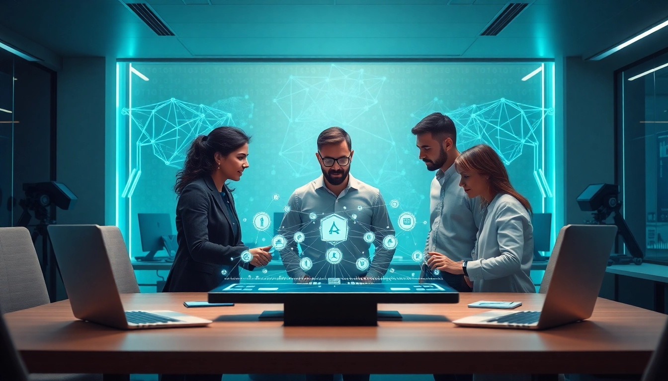 Visualize EORMC AI blockchain development with a dynamic team collaborating around advanced technology.