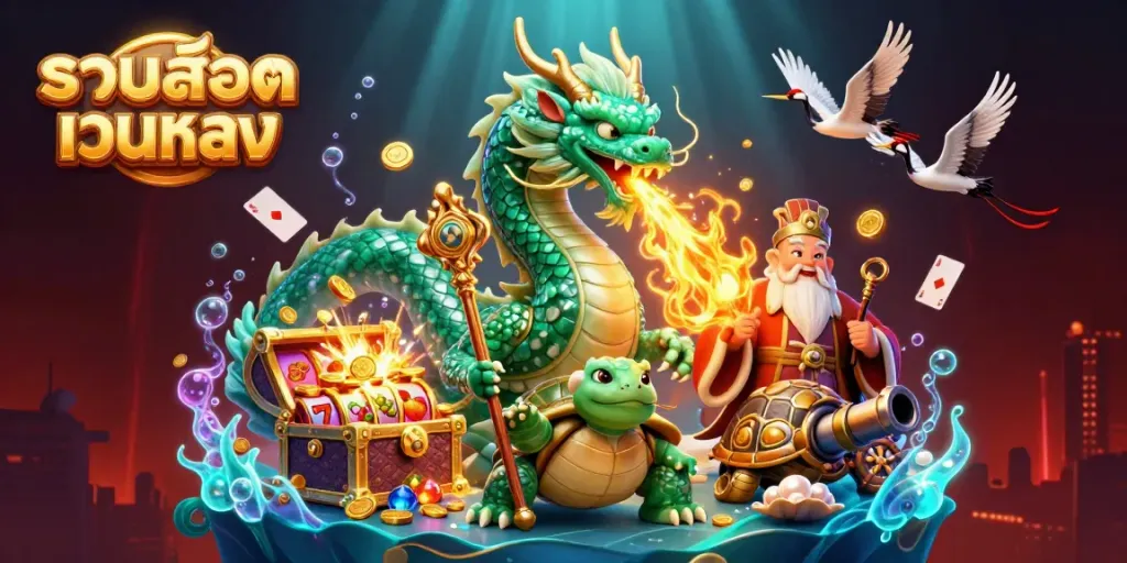 Engage with รวมสล็อตเว็บตรง featuring an emerald dragon, wise turtle sage, and lucky cranes amidst vibrant casino elements.