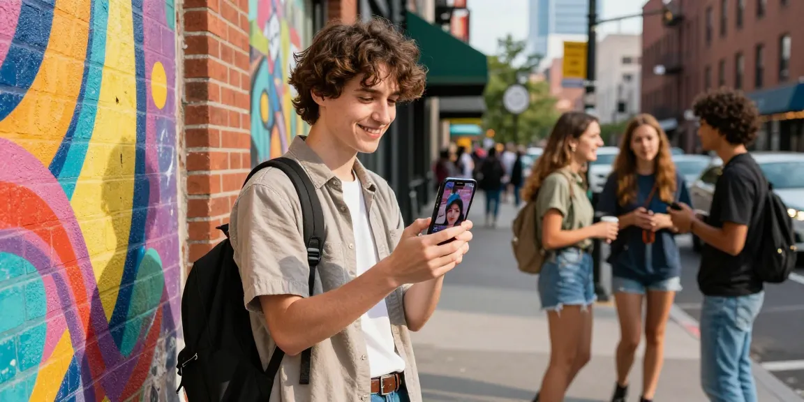 Young person discovering who looks like a celebrity with a mobile app in a lively urban setting.