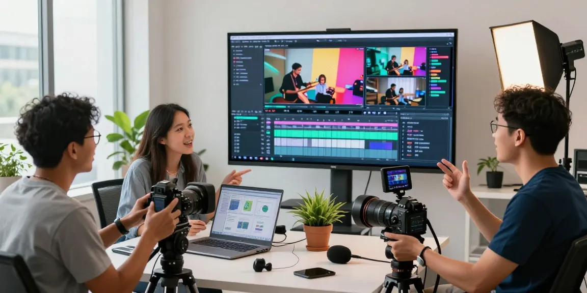 Collaborative team working on Singapore Corporate Video Production in a modern studio.